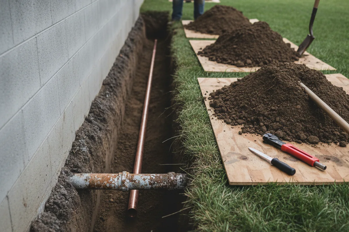 Excavated water line trench during Sewer Line Repair in Big Bear Lake
